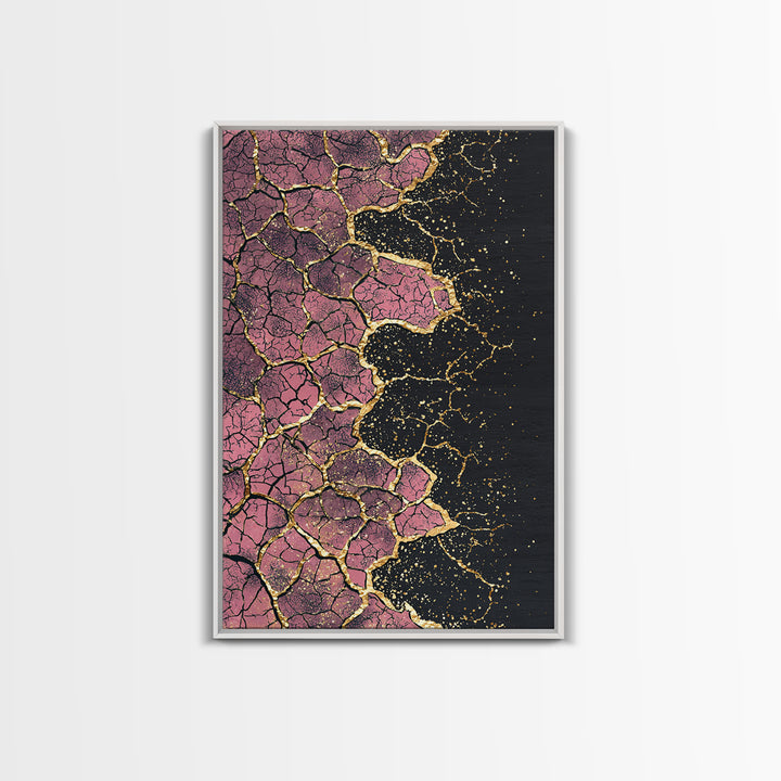 Cracked Pink Black Gold Abstract Wall Art, African Inspired Geometric Texture Print, Luxury Canvas Decor For Modern Home