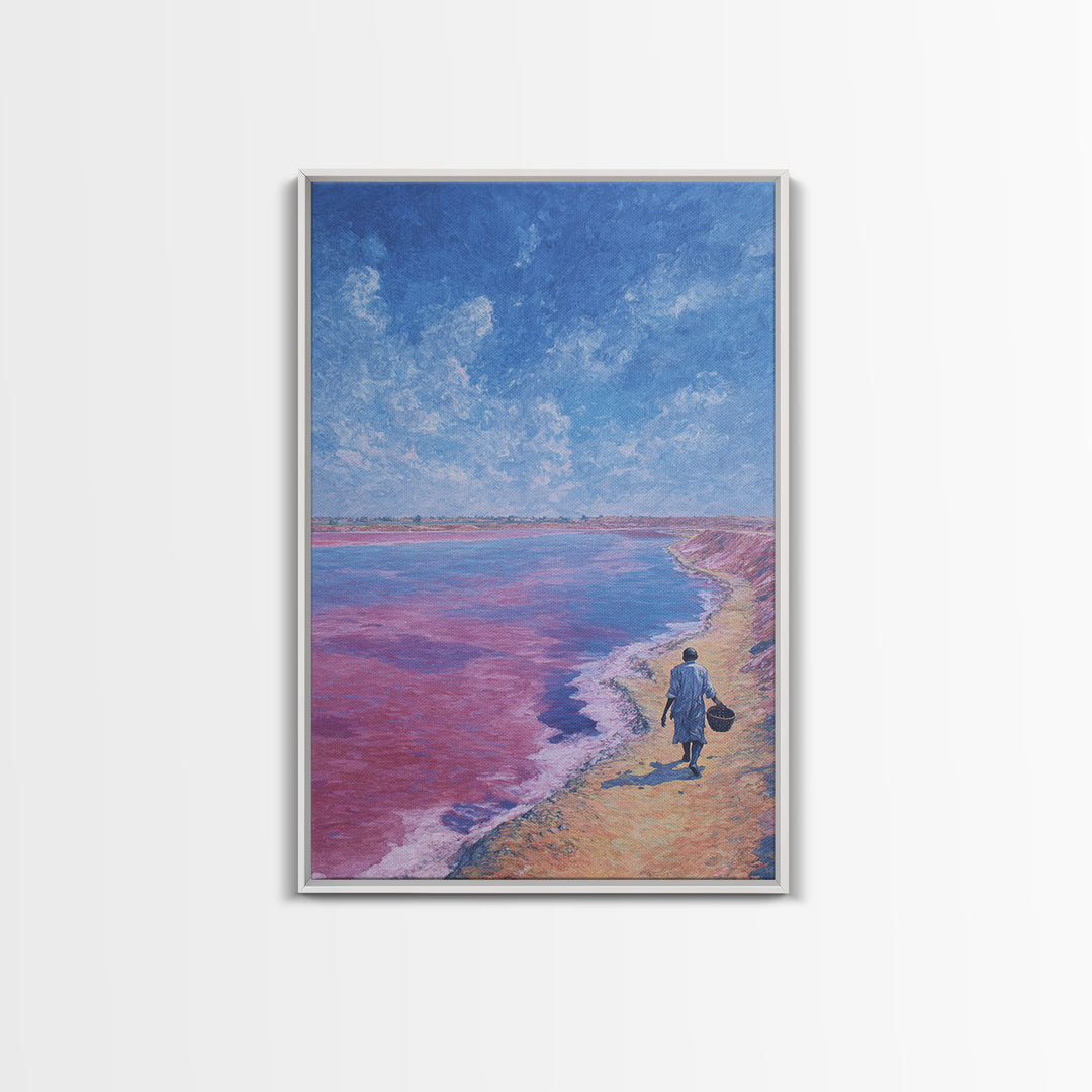 Lone Walker On Pink Shore Framed Canvas Print, African Landscape Wall Decor, Dreamy Lake Painting, Unique Travel Art Gift