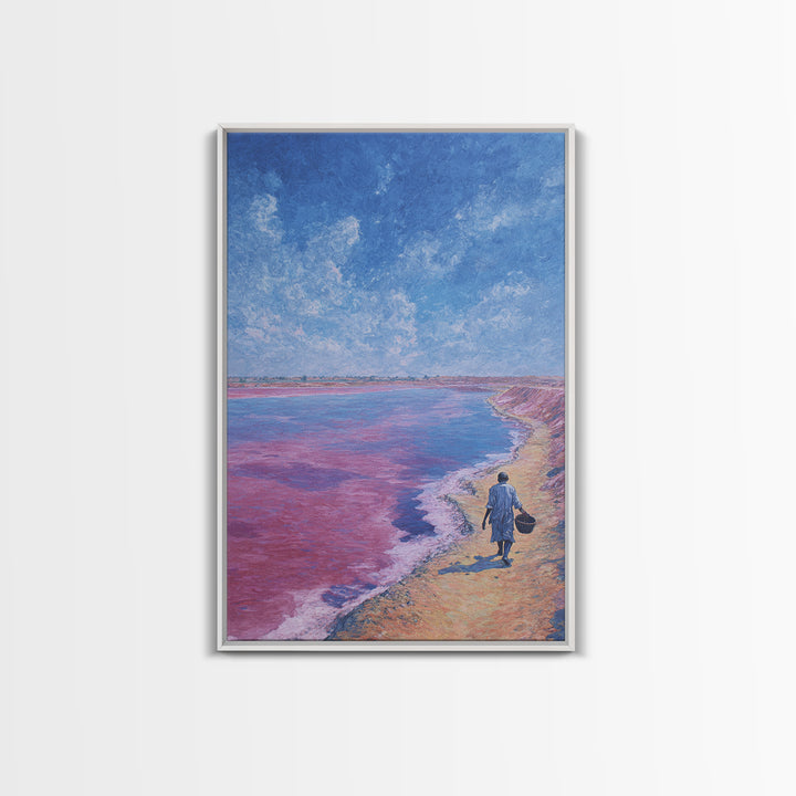 Lone Walker On Pink Shore Framed Canvas Print, African Landscape Wall Decor, Dreamy Lake Painting, Unique Travel Art Gift