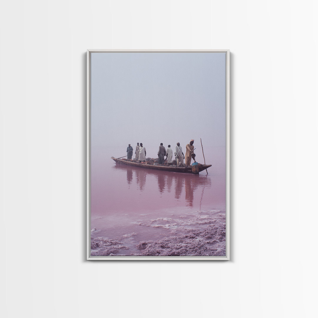 Misty Pink Lake Boat Canvas Print, African Fishermen Wall Art Decor, Minimalist Pastel Landscape, Serene Living Room Art