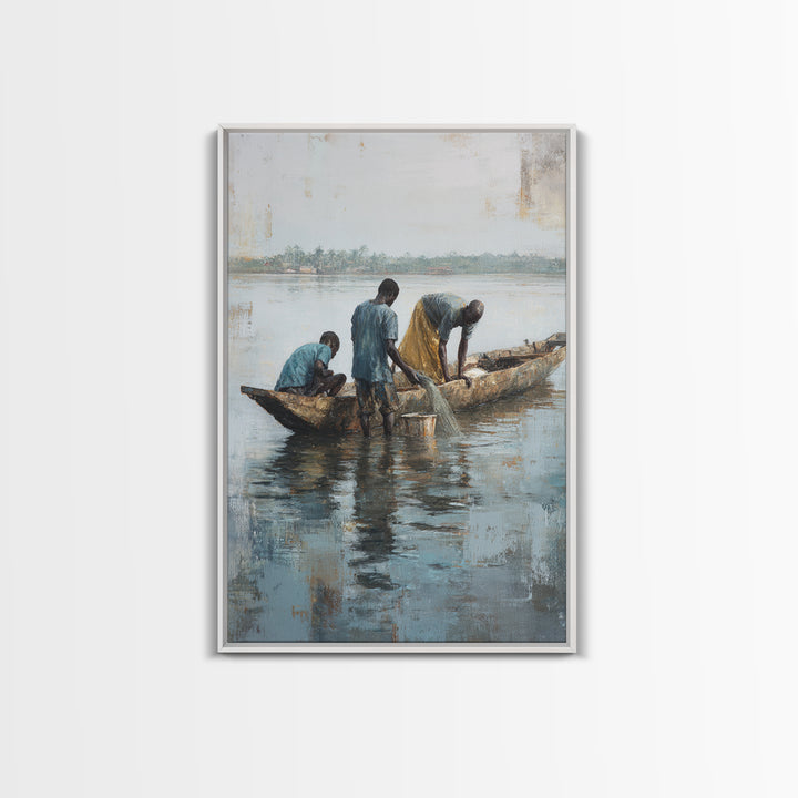 Fishermen Washing Nets By Canoe Wall Art, African Painting Canvas Decor, Cultural River Scene, Rustic Living Room Home Decor Gift