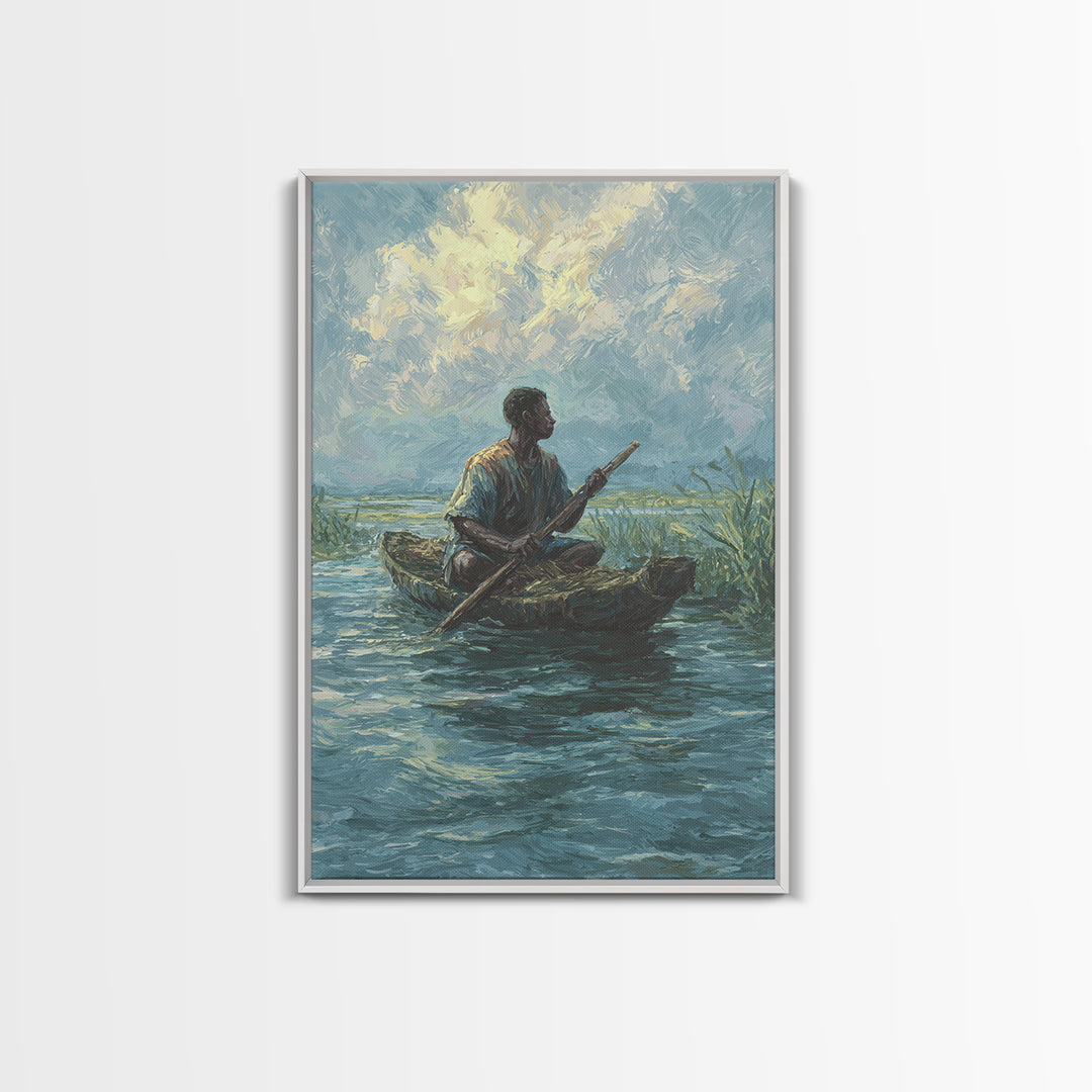 Solitary Canoe Fisherman Under Clouds Wall Art, African Landscape Print, Blue Green Nature Scene, Peaceful Canvas Home Decor