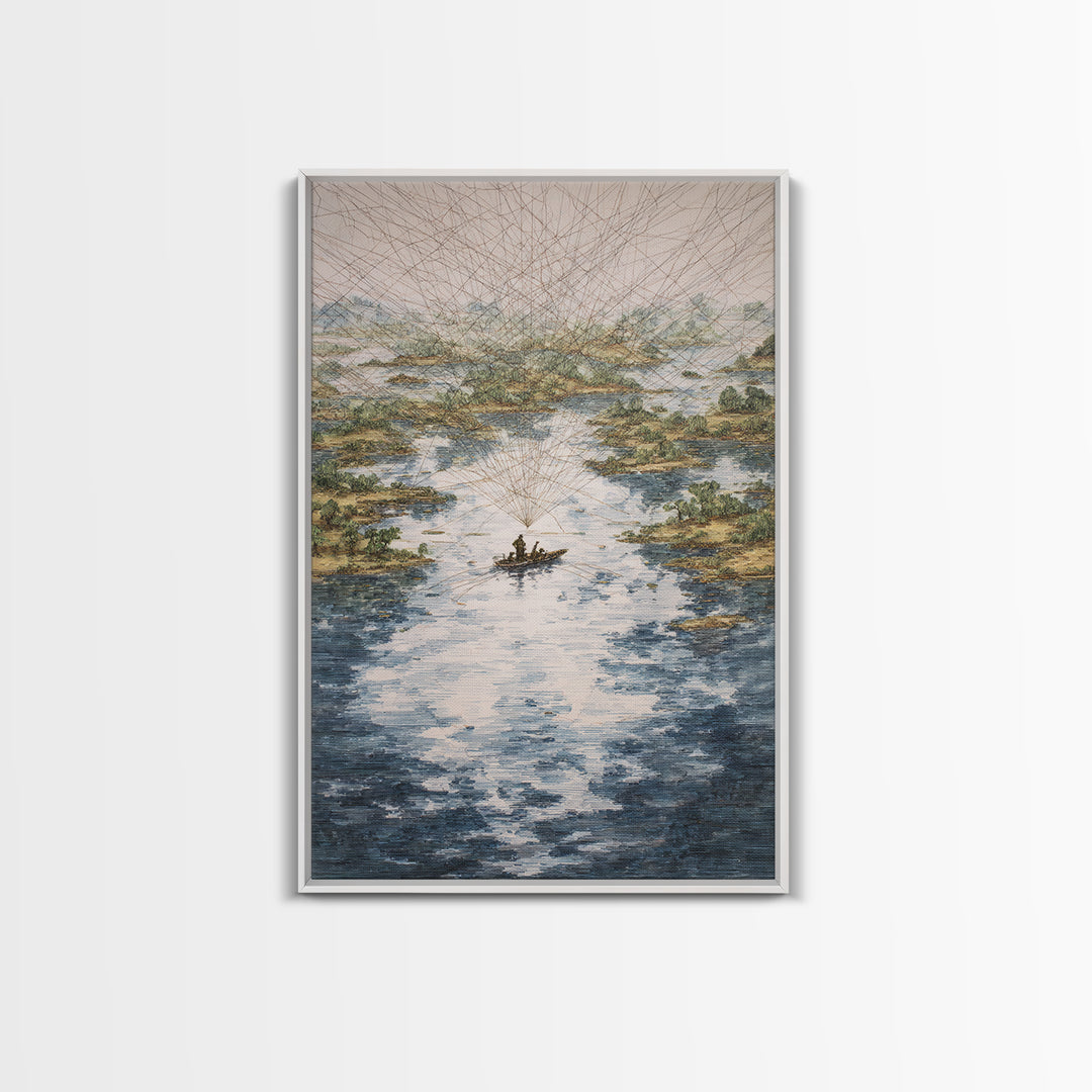 River Delta Boat And Map Lines Framed Canvas Print, African Landscape Wall Decor, Geometric Travel Art, Statement Home Decor