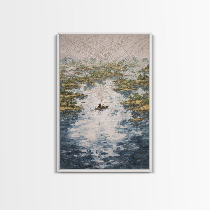 River Delta Boat And Map Lines Framed Canvas Print, African Landscape Wall Decor, Geometric Travel Art, Statement Home Decor