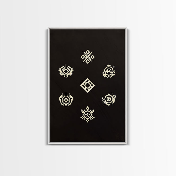 Cream Tribal Symbols On Black Canvas Print, African Abstract Wall Art Decor, Geometric Pattern Poster, Spiritual Home Decor