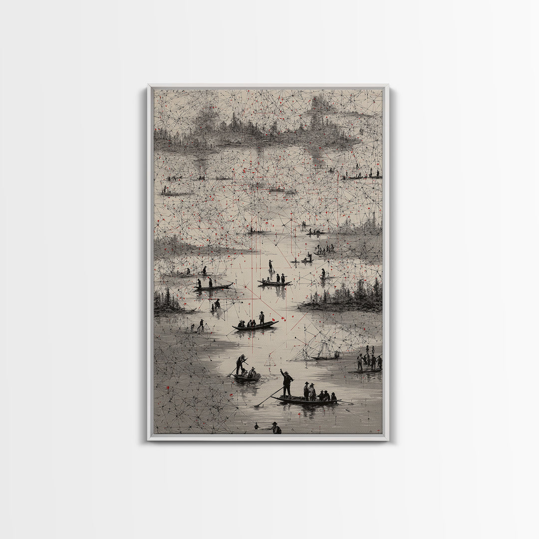 Monochrome River Boats With Red Lines Wall Art, African Landscape Print, Abstract Map Network, Cultural Gallery Home Decor