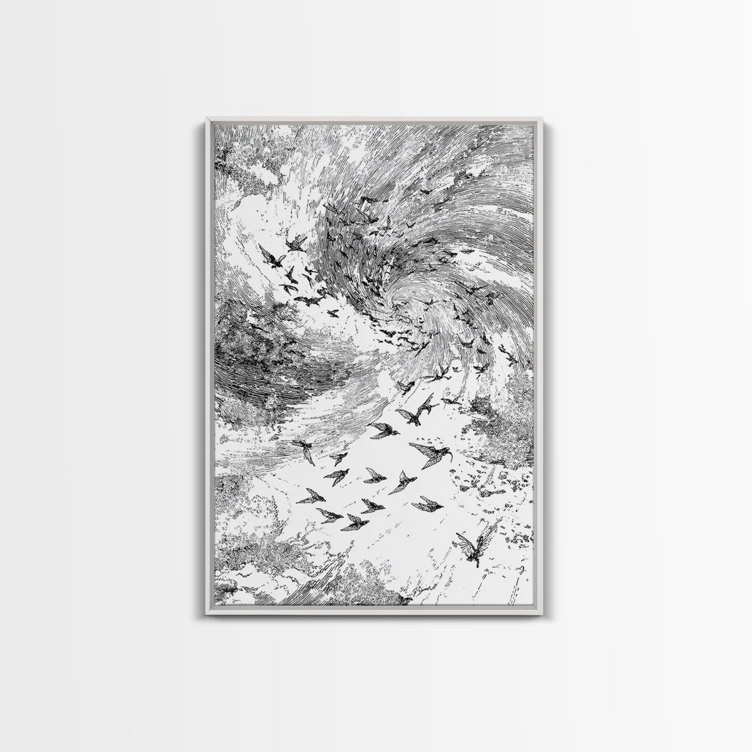 Black And White Bird Flock Storm Wall Art, Abstract African Inspired Nature Sketch, Minimalist Canvas Decor, Modern Office Gift
