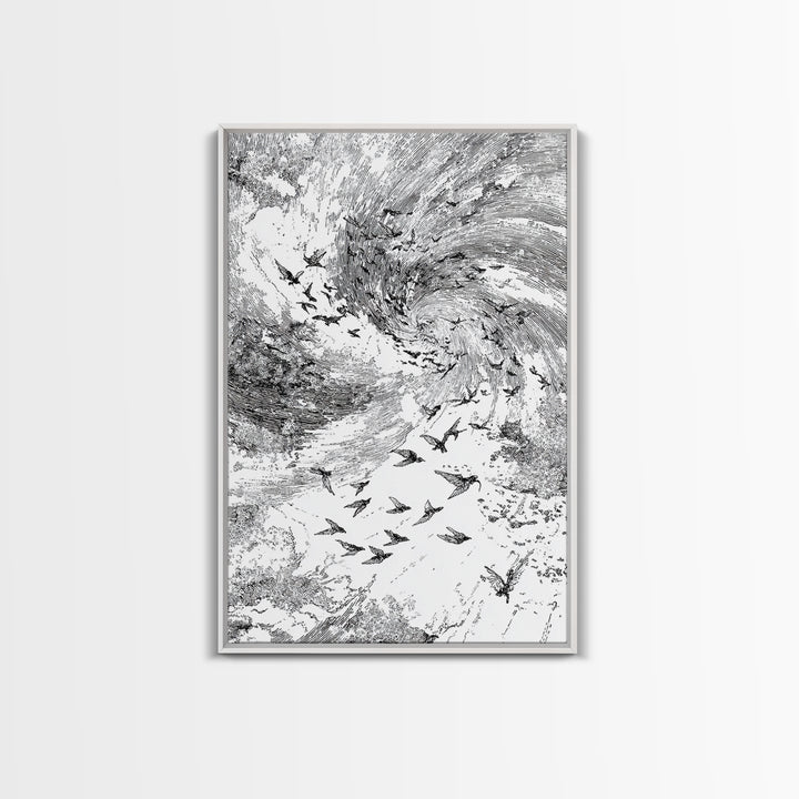 Black And White Bird Flock Storm Wall Art, Abstract African Inspired Nature Sketch, Minimalist Canvas Decor, Modern Office Gift
