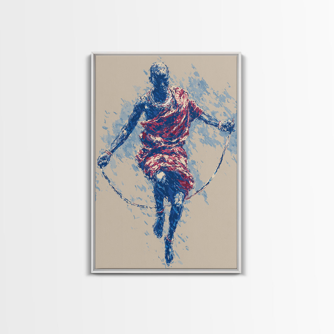 Maasai Warrior Jump Rope Dance Wall Art, African Tribal Art Print, Red Blue Athletic Portrait, Cultural Home Decor Gift For Him
