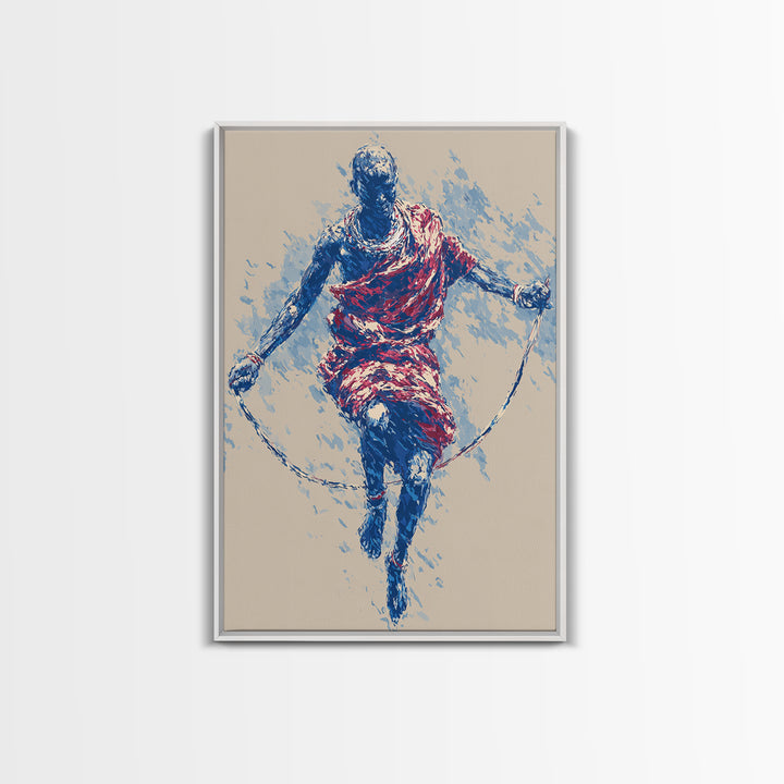 Maasai Warrior Jump Rope Dance Wall Art, African Tribal Art Print, Red Blue Athletic Portrait, Cultural Home Decor Gift For Him
