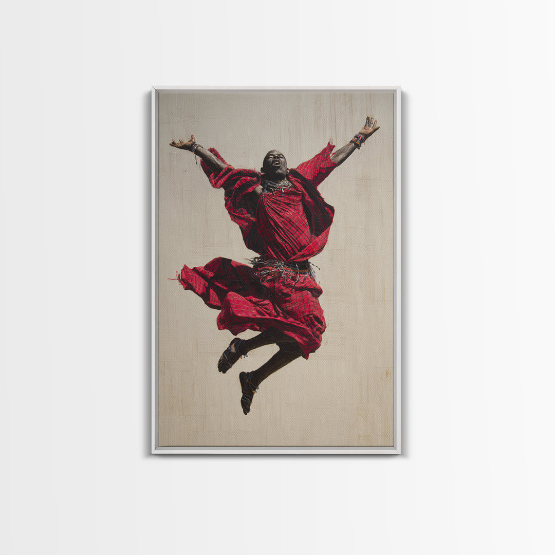 Joyful Maasai Dancer Leaping In Red Framed Canvas Print, African Warrior Art, Cultural Portrait, Bold Living Room Decor Gift