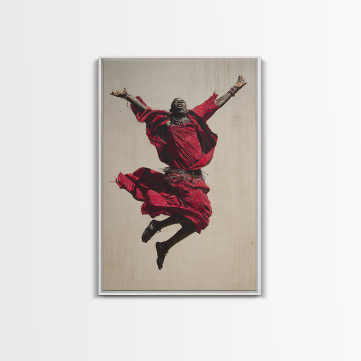 Joyful Maasai Dancer Leaping In Red Framed Canvas Print, African Warrior Art, Cultural Portrait, Bold Living Room Decor Gift