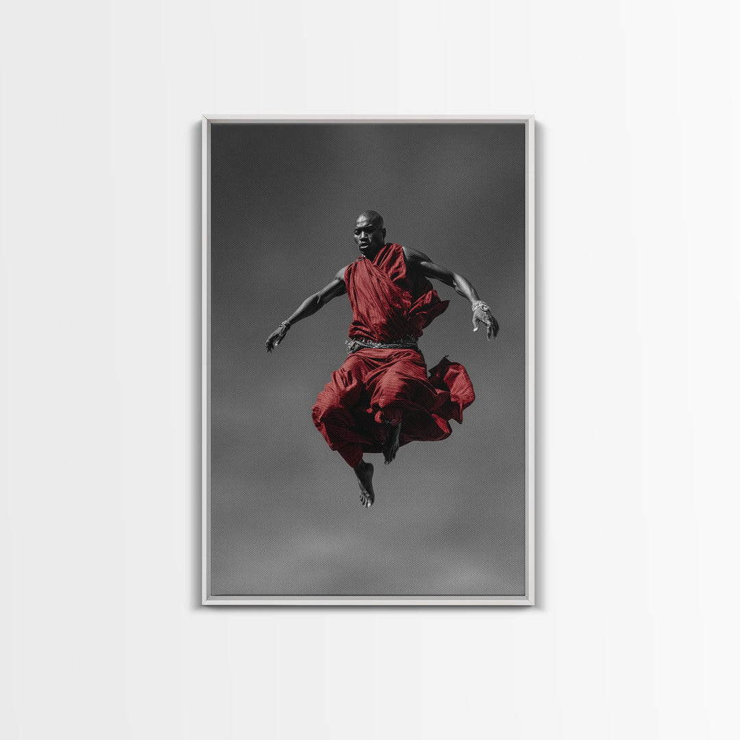 Floating Maasai Warrior In Red Robes Canvas Print, African Portrait Photography, Black Art Decor, Modern Cultural Wall Art