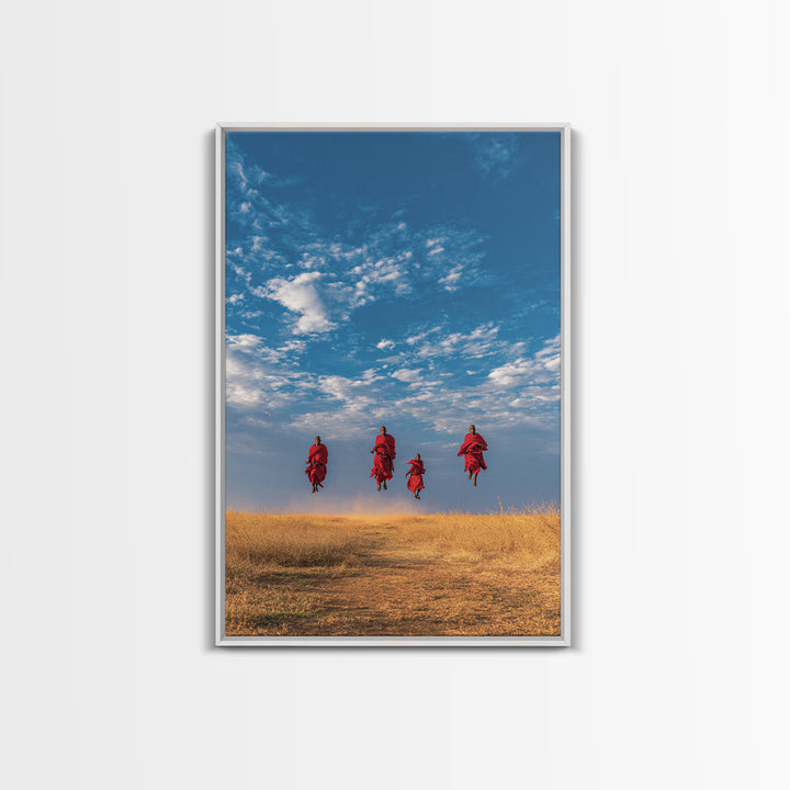 Four Maasai Warriors Jumping Over Savanna Wall Art, African Safari Art Print, Blue Sky Landscape, Cultural Home Decor Gift