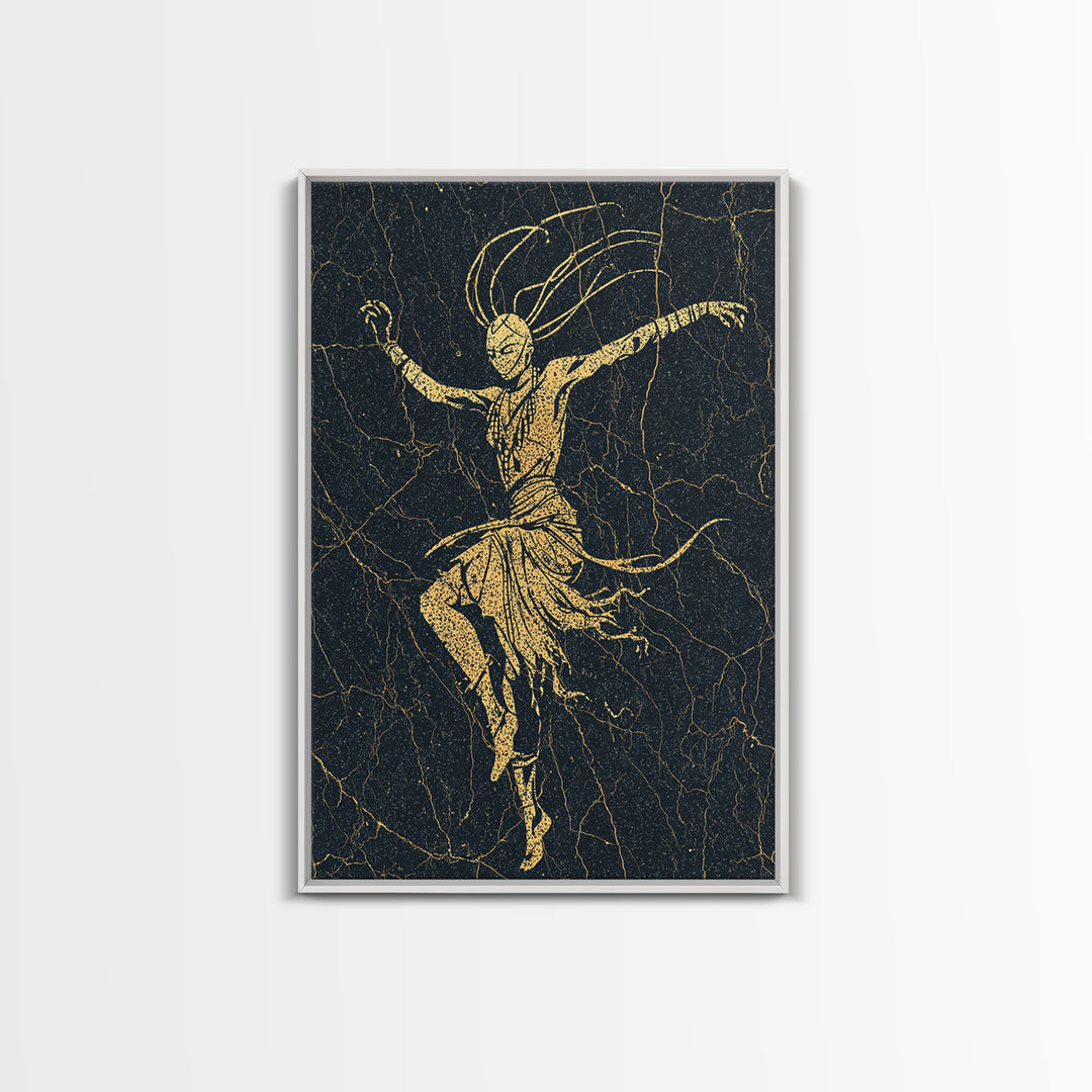 Gold Tribal Dancer On Black Cracked Texture Canvas Print, African Mask Art, Elegant Abstract Wall Decor, Spiritual Home Gift