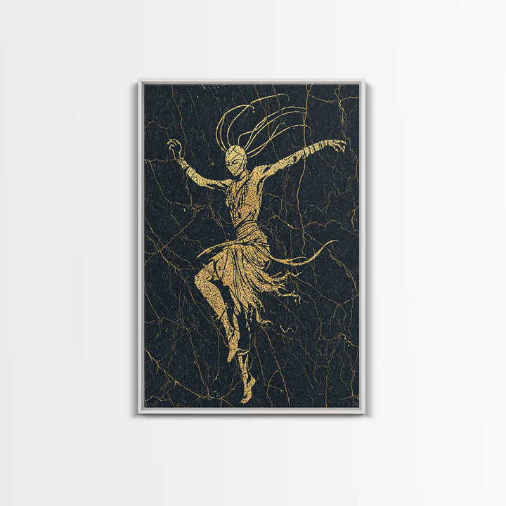 Gold Tribal Dancer On Black Cracked Texture Canvas Print, African Mask Art, Elegant Abstract Wall Decor, Spiritual Home Gift