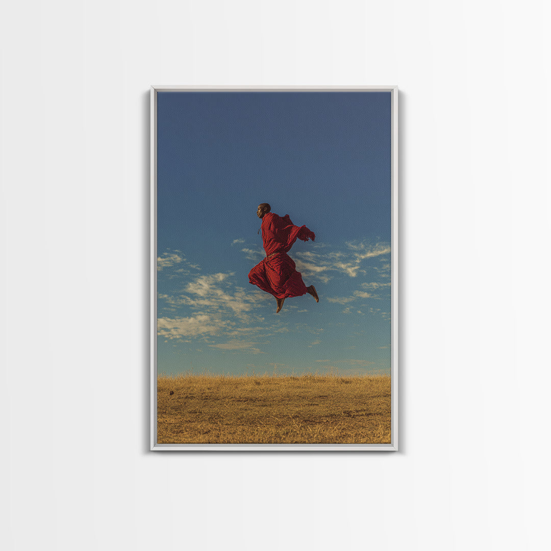 Solo Maasai Warrior Leaping Above Golden Grass Wall Art, African Safari Portrait, Red Robe Landscape, Cultural Decor Gift