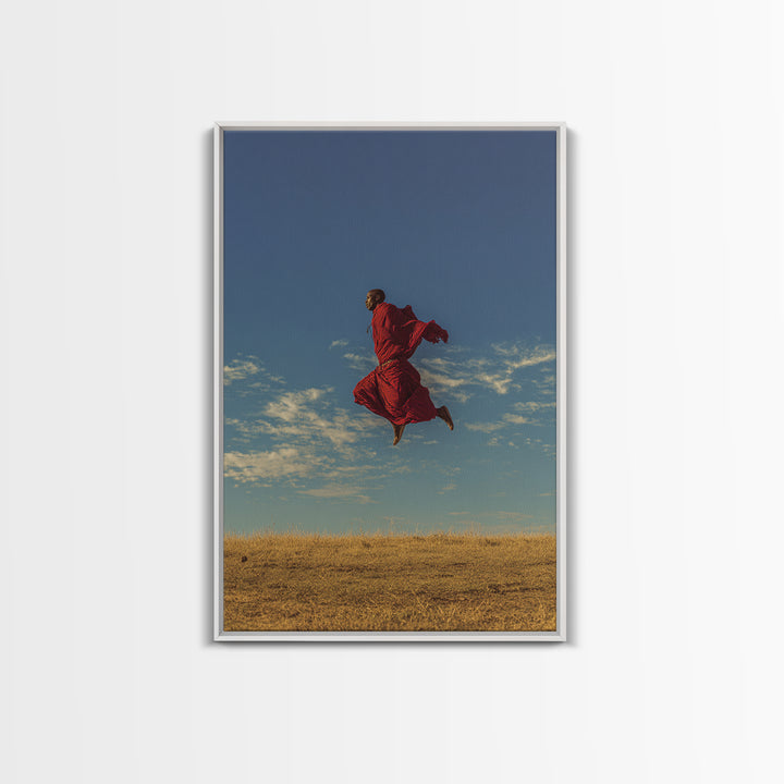 Solo Maasai Warrior Leaping Above Golden Grass Wall Art, African Safari Portrait, Red Robe Landscape, Cultural Decor Gift