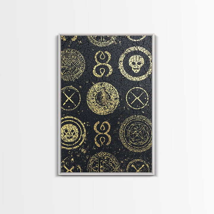 Gold Tribal Symbols And Skulls On Black Texture Canvas Print, African Abstract Wall Art, Mystical Pattern Home Decor Gift