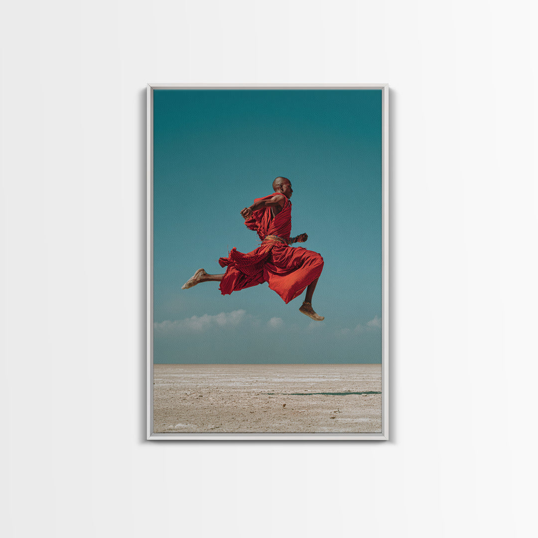 Leaping Maasai Warrior Canvas Print, African Wall Art, Red Robe Desert Photography, Tribal Decor For Living Room Wall Decor