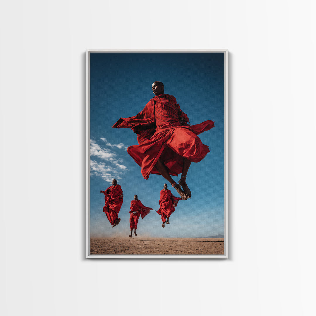 Maasai Warriors Jumping Framed Canvas Print, African Wall Art, Red Robe Tribal Decor, Safari Photography For Home Wall Decor