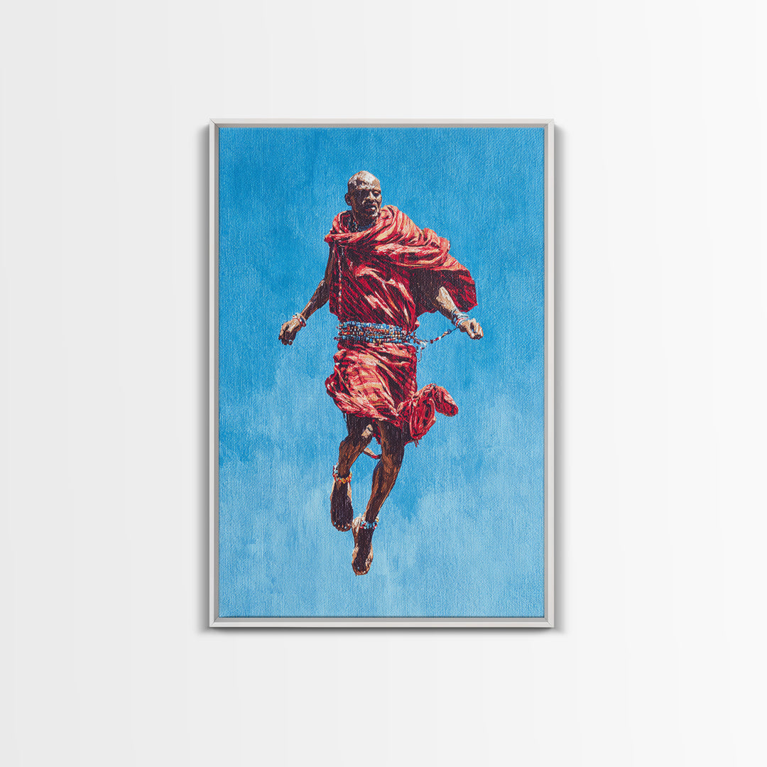 Painted Maasai Warrior Jump Wall Art, African Acrylic Art, Red Robe Tribal Portrait, Afrocentric Canvas Print Decor Gift
