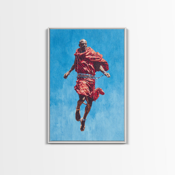 Painted Maasai Warrior Jump Wall Art, African Acrylic Art, Red Robe Tribal Portrait, Afrocentric Canvas Print Decor Gift