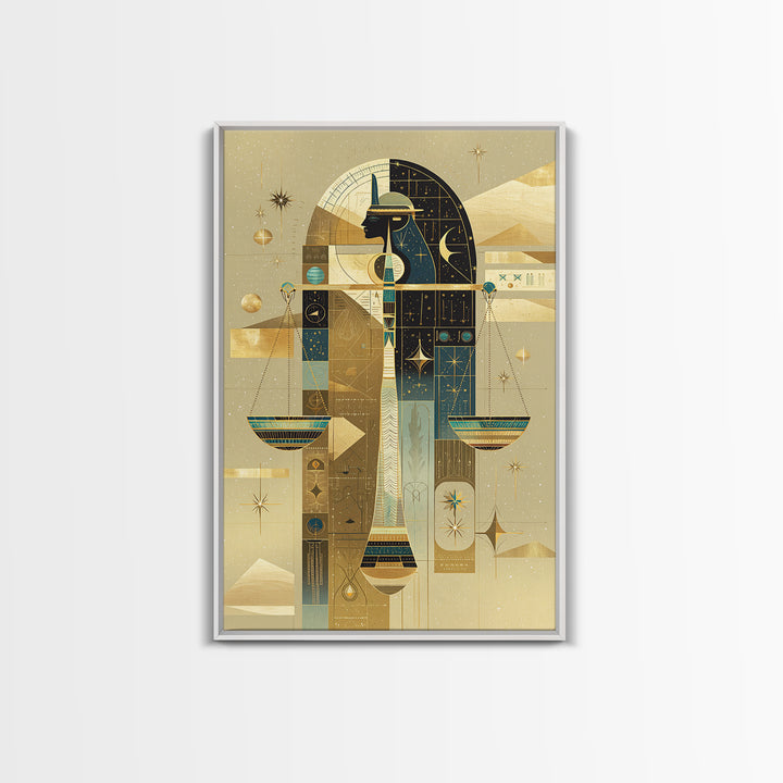 Anubis And Scales Framed Canvas Print, African Egyptian Art, Gold Black Wall Art, Mystical Spiritual Home Decor Gift For Her