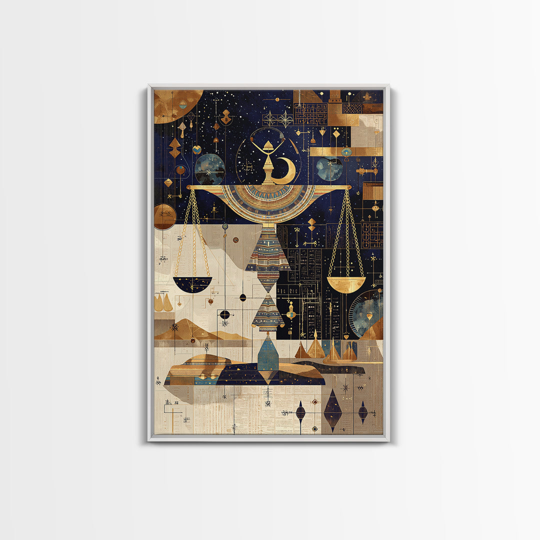Celestial Egyptian Scales Wall Art, African Egyptian Art, Gold Black Mystical Canvas Print, Spiritual Home Decor Gift Idea