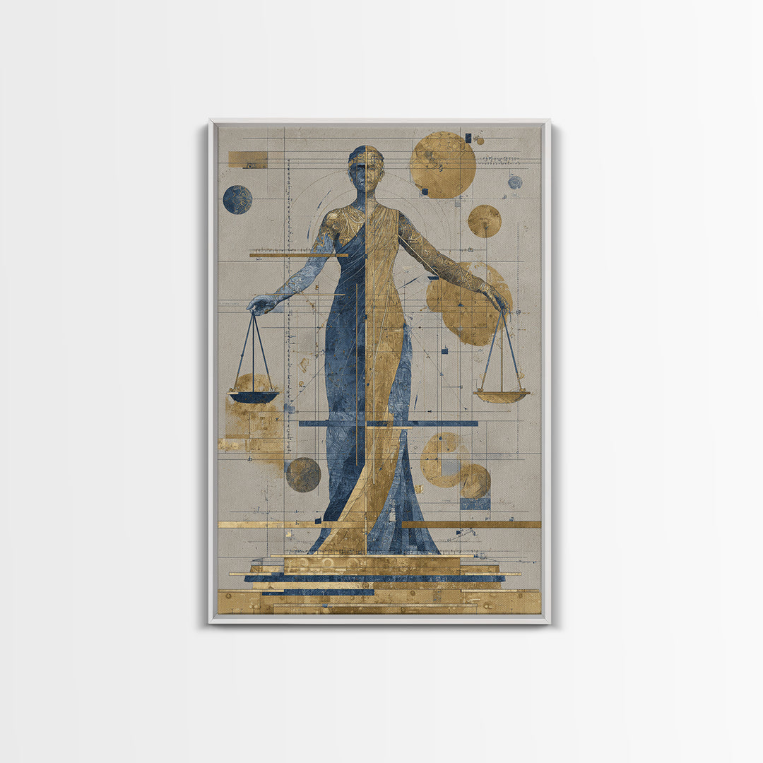 Blue Gold Lady Justice Goddess Canvas Print, Abstract African Wall Art, Modern Portrait Decor, Elegant Office Statement Piece