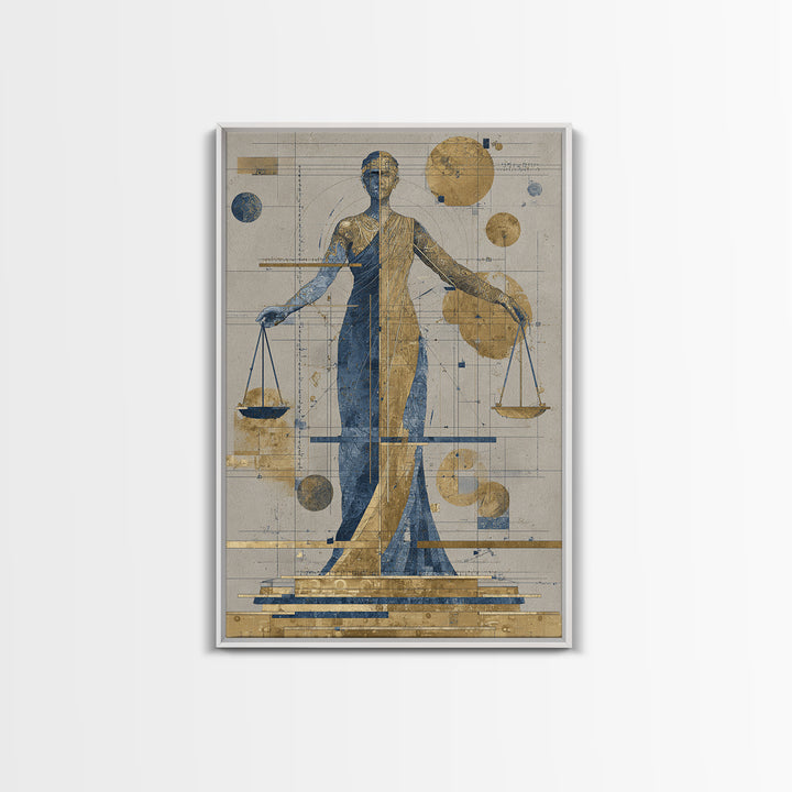 Blue Gold Lady Justice Goddess Canvas Print, Abstract African Wall Art, Modern Portrait Decor, Elegant Office Statement Piece
