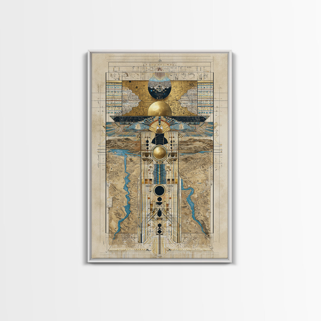 Egyptian Sacred Geometry Totem Canvas Print, African Egyptian Wall Art, Gold Blue Map Decor, Mystical Ancestral Poster Print