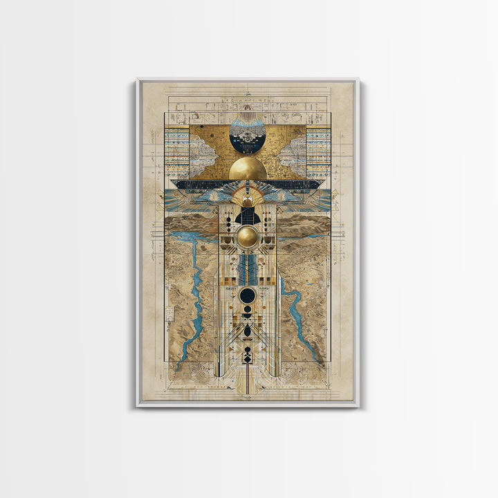Egyptian Sacred Geometry Totem Canvas Print, African Egyptian Wall Art, Gold Blue Map Decor, Mystical Ancestral Poster Print