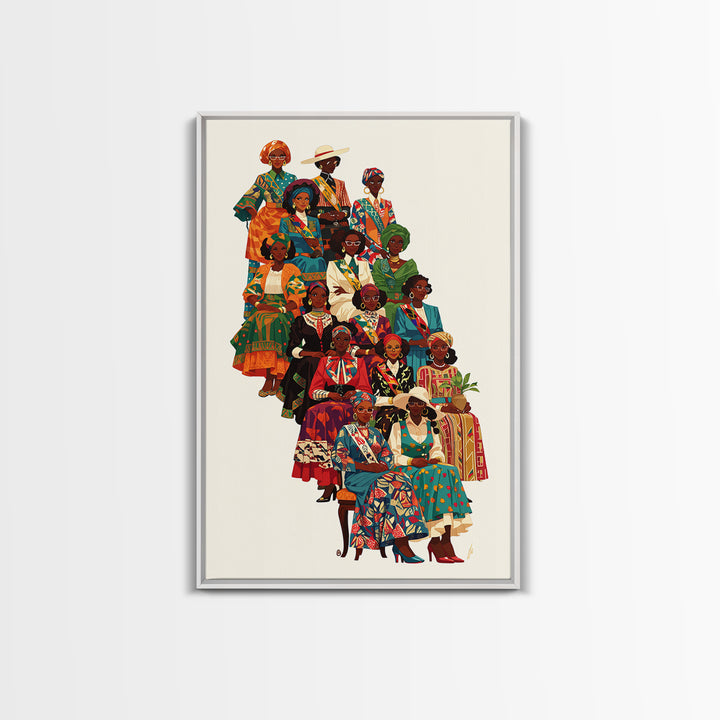 Elegant African Women Fashion Ensemble Framed Canvas Print, Ankara Wall Art, Black Queens Decor, Afrocentric Statement Gift