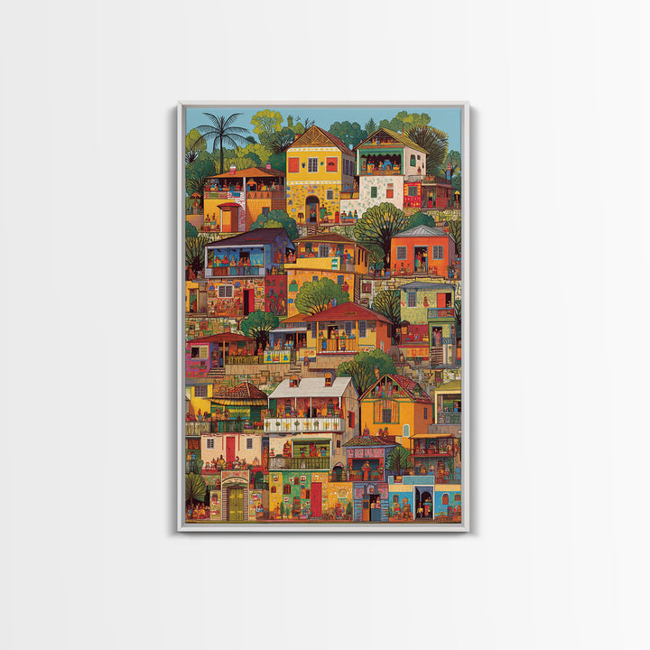 Colorful African Hillside Village Wall Art, Urban Home Scene Print, Tropical Architecture Decor, Vibrant Cultural Canvas