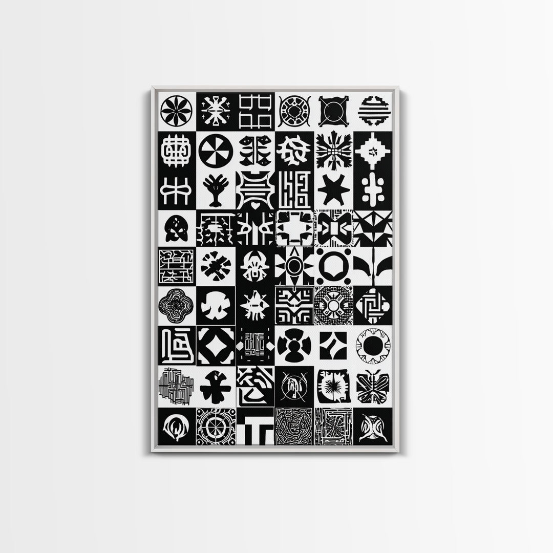 Black White African Symbols Wall Art, Adinkra Pattern Canvas Print, Tribal Art Decor, African Fabric Inspired Home Decor