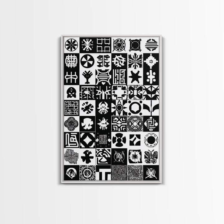 Black White African Symbols Wall Art, Adinkra Pattern Canvas Print, Tribal Art Decor, African Fabric Inspired Home Decor