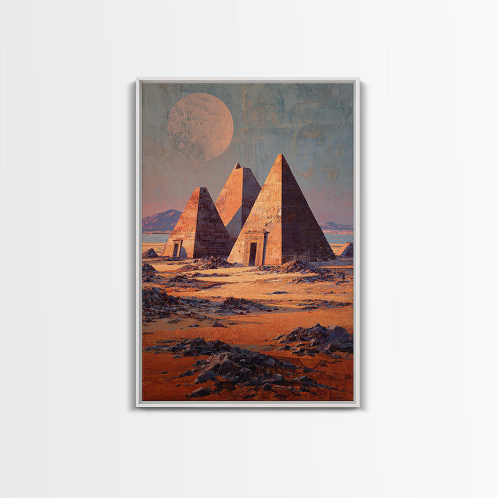 Moonlit Nubian Pyramids Framed Canvas Print, African Egyptian Art, Mystical Desert Wall Decor, Cultural Artwork, Home Decor Gift