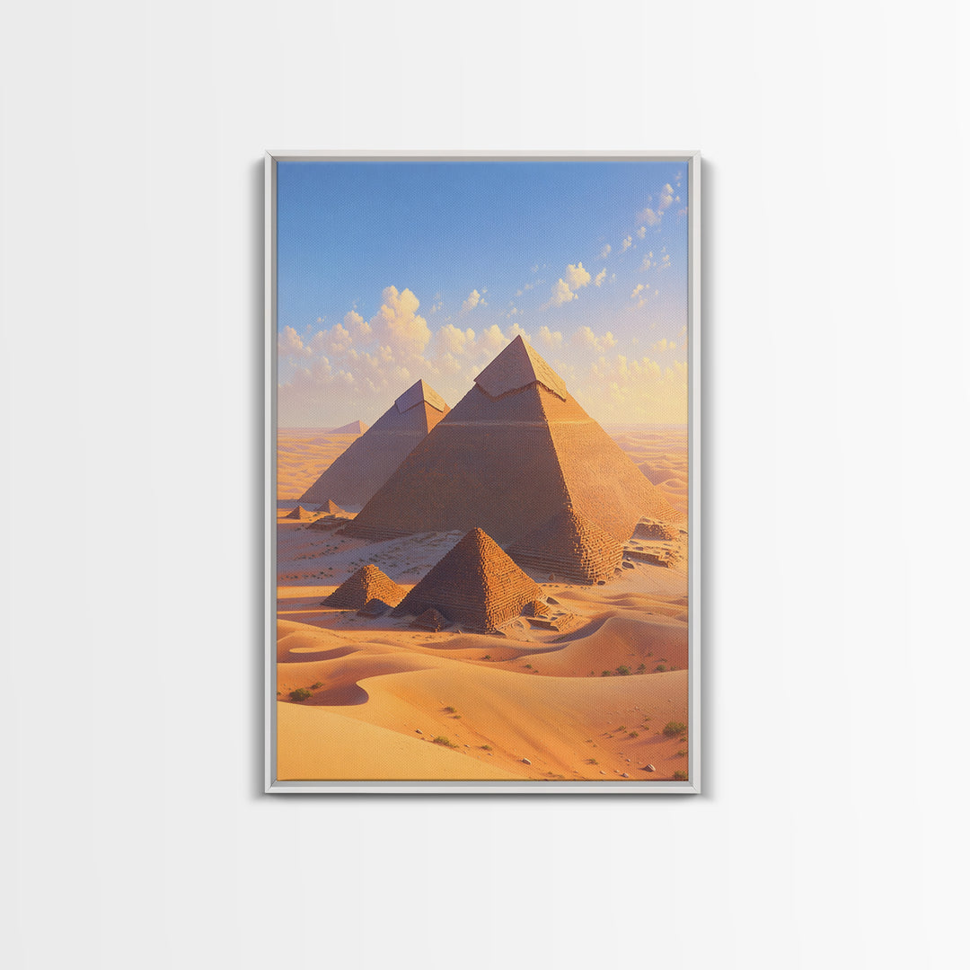 Golden Giza Pyramids In Desert Dunes Framed Canvas Print, African Egyptian Art, Ancient African Wall Decor Gift, Travel Poster