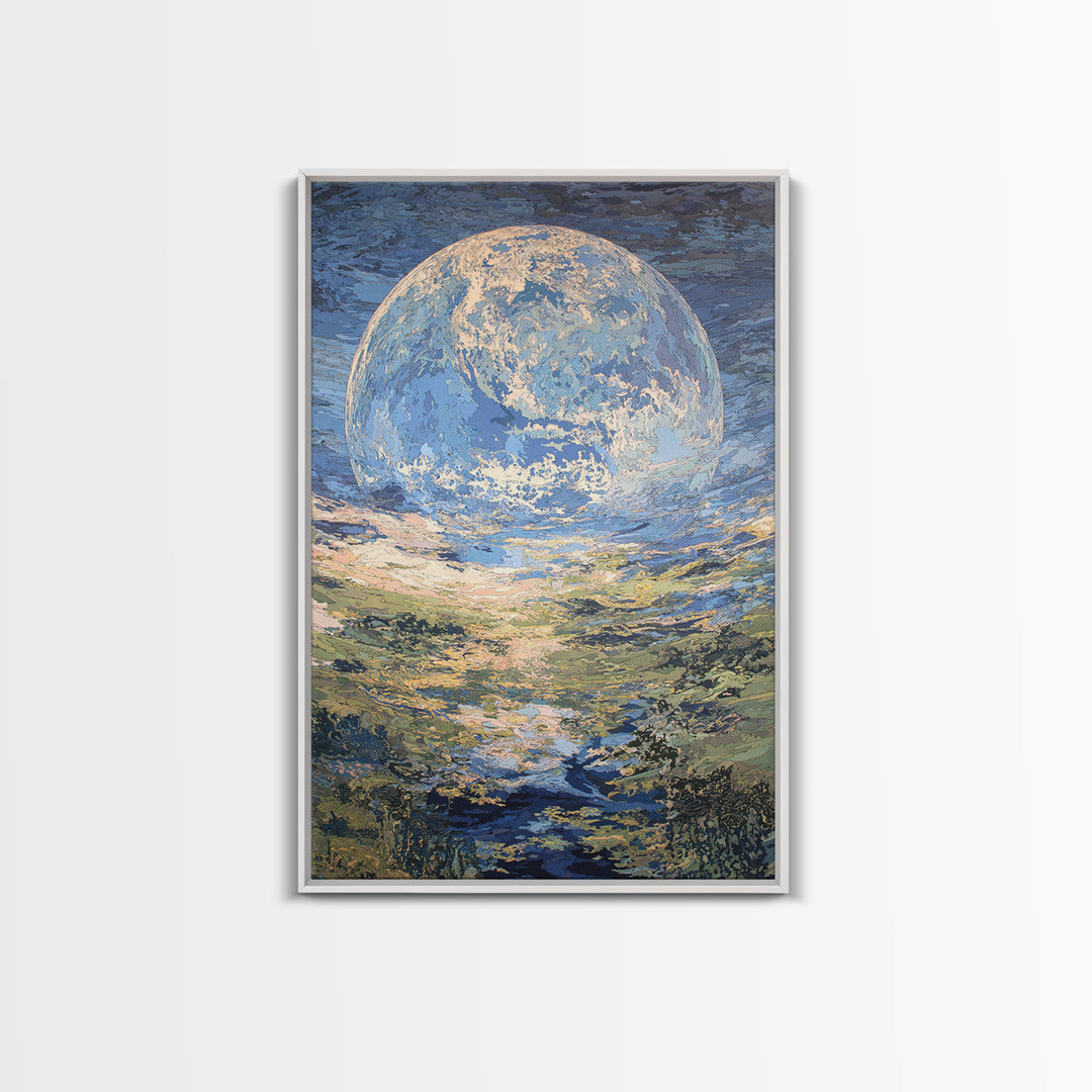 Dreamy Blue Moon Over Ocean Canvas Print, Abstract Landscape Wall Art, Modern Art Poster, Nature Scene Art, Large Decor Gift