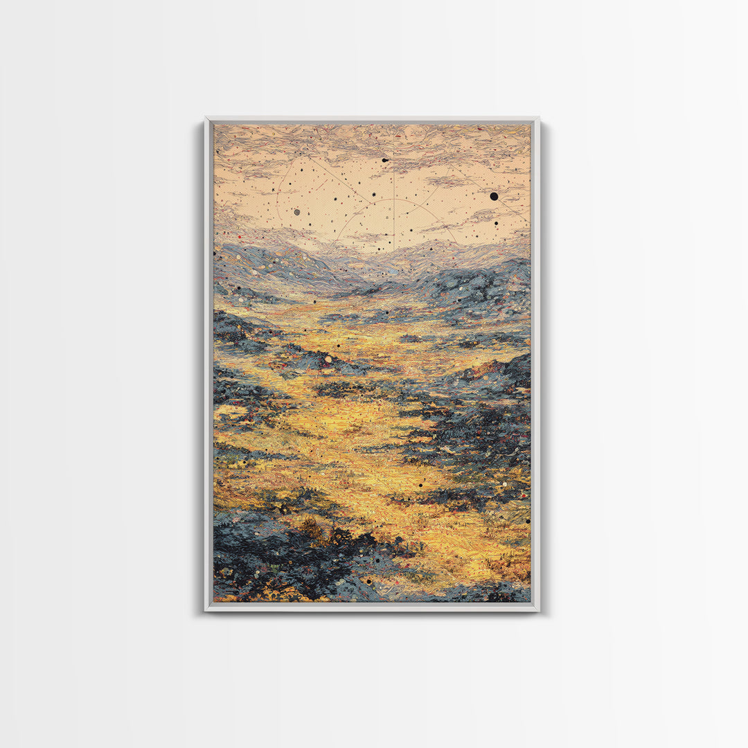 Golden Celestial Valley Framed Canvas Print, Dreamy Wall Art, Abstract Landscape, Spiritual Wall Decor, Modern Art Poster Gift