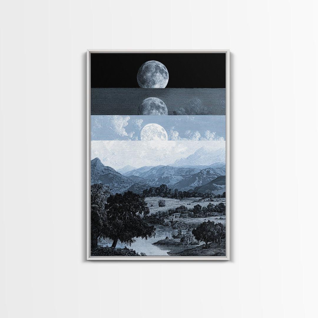Black And White Moonrise Mountain Wall Art, Large Landscape Canvas Print, Minimalist Art, Modern Wall Decor, Blue Nature Scene Art Gift