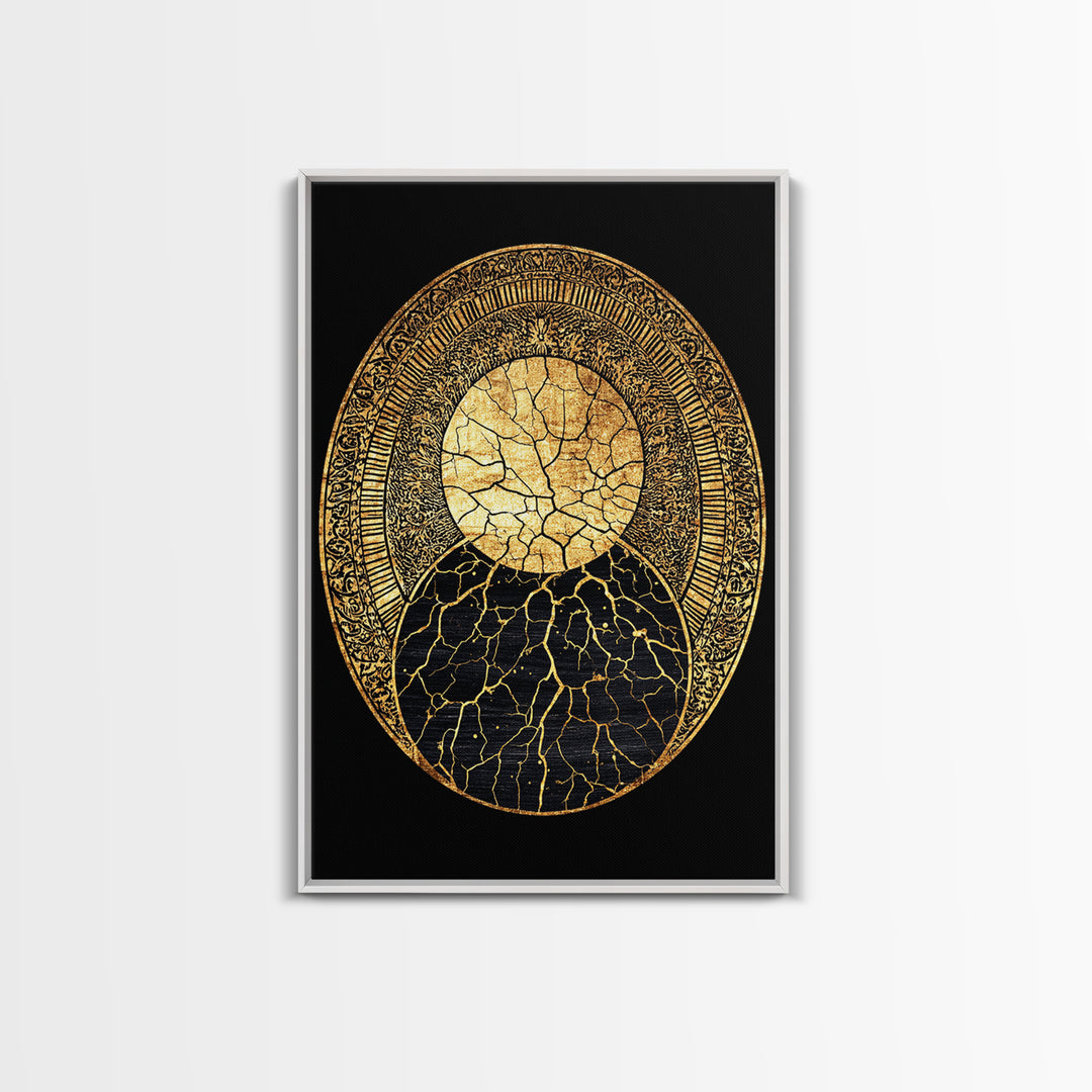 Gold Kintsugi Sun Moon Oval On Black Canvas Print, Spiritual Geometric Art, Luxury Abstract Decor, Mystical Celestial Gift