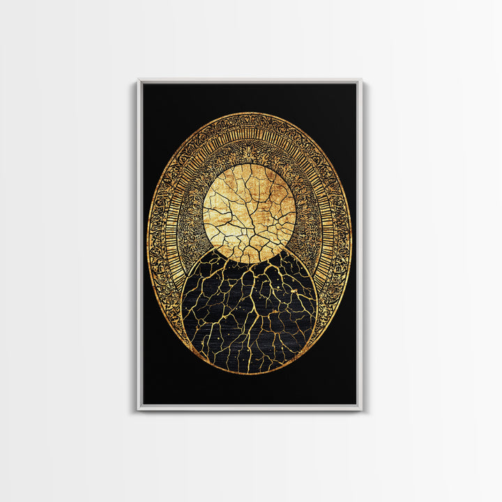 Gold Kintsugi Sun Moon Oval On Black Canvas Print, Spiritual Geometric Art, Luxury Abstract Decor, Mystical Celestial Gift