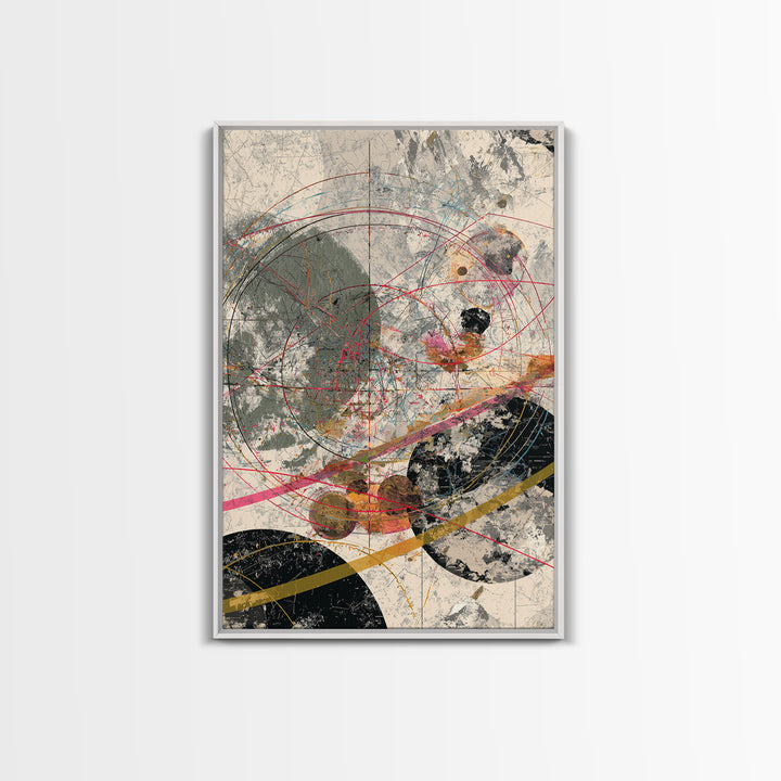 Orbit Circles With Red Lines And Gray Texture Framed Canvas Print, Abstract Geometric Wall Decor, Modern Office Art Gift