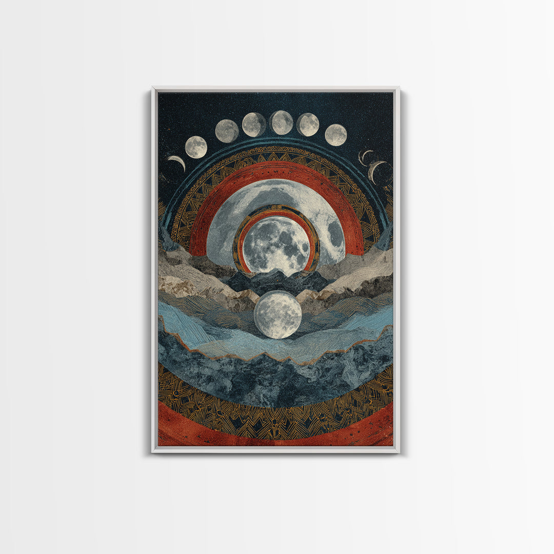 Moon Phase Mountain Mandala With Red Arcs Canvas Print, Spiritual Landscape Wall Decor, Mystical Meditation Home Art Gift