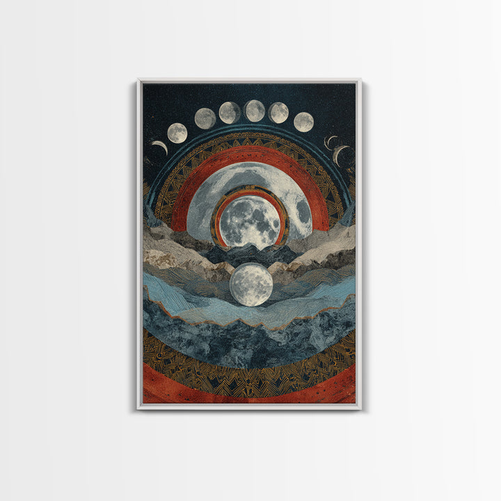 Moon Phase Mountain Mandala With Red Arcs Canvas Print, Spiritual Landscape Wall Decor, Mystical Meditation Home Art Gift