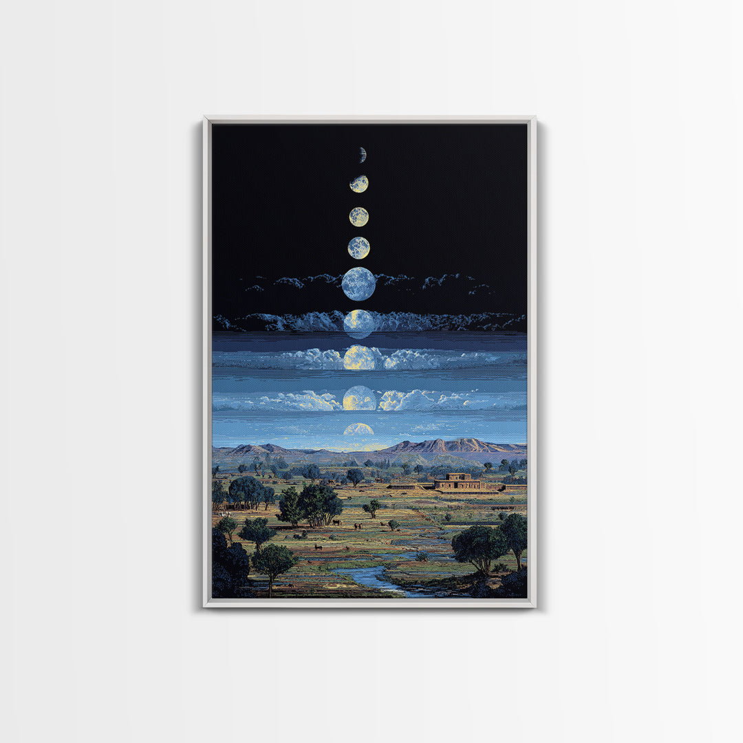 Blue Moon Phases Over African Savanna Landscape Wall Art, Spiritual Safari Decor, Mystical Nature Scene For Living Room Gift