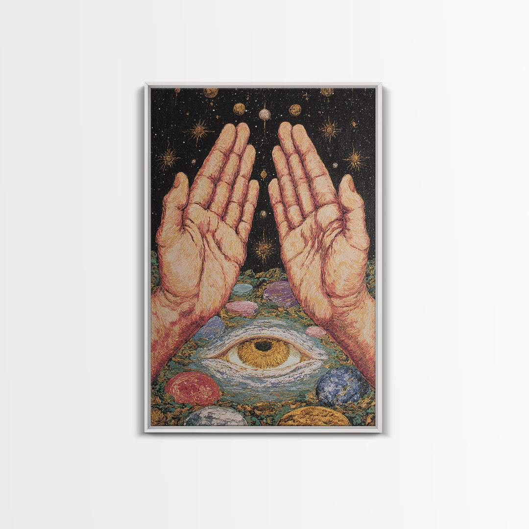 Mystic Open Hands Above All Seeing Eye And Planets Wall Art, Spiritual Meditation Decor, Surreal Occult Unique Home Art Gift