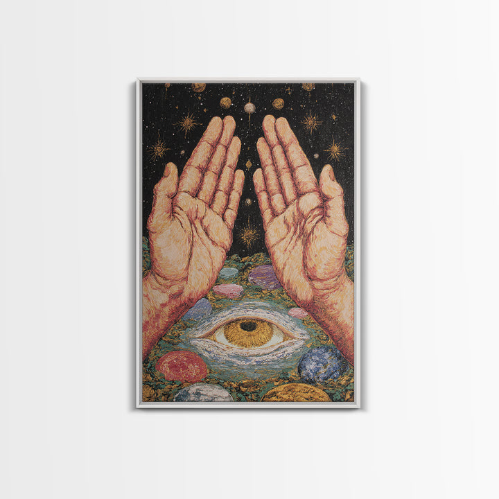 Mystic Open Hands Above All Seeing Eye And Planets Wall Art, Spiritual Meditation Decor, Surreal Occult Unique Home Art Gift